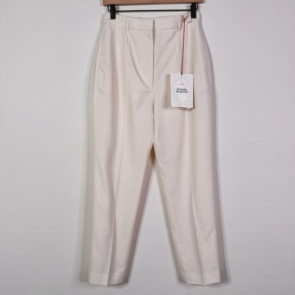Alexander McQueen Ivory Wool Pleated Trousers Pants Size IT 42 Classic Tailored - Picture 1 of 9